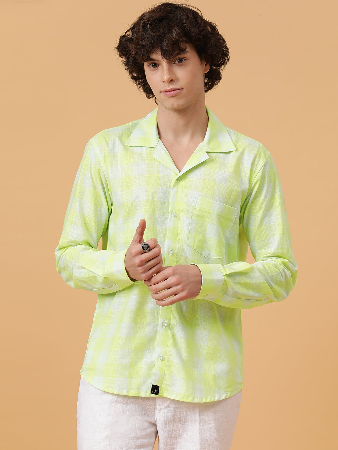 Yellow & White Linen Checks Regular Fit Party Wear Shirt