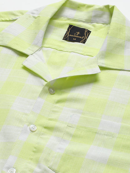 Yellow & White Linen Checks Regular Fit Party Wear Shirt