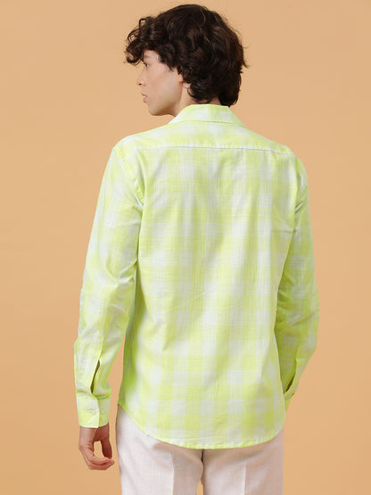 Yellow & White Linen Checks Regular Fit Party Wear Shirt