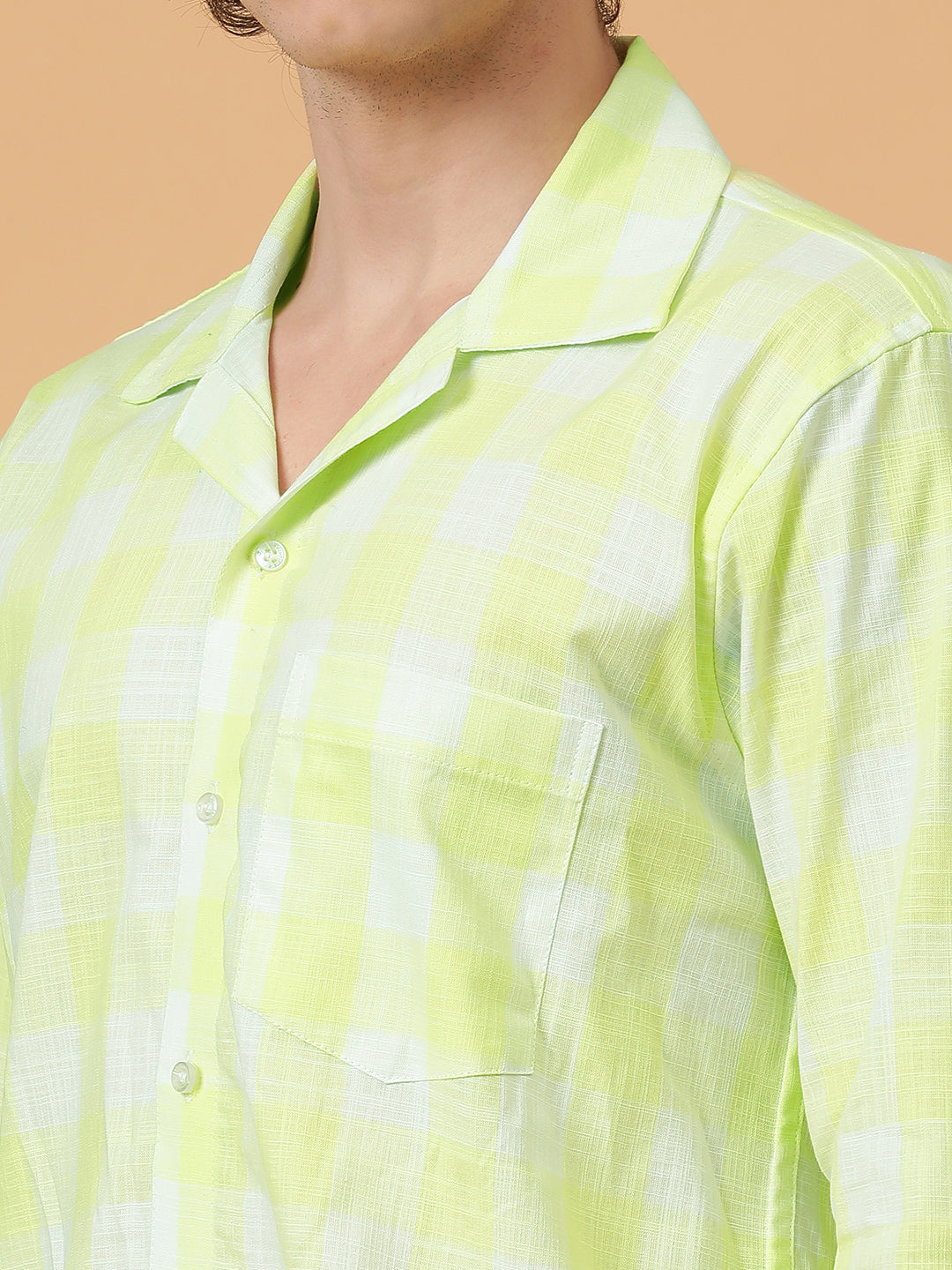 Yellow & White Linen Checks Regular Fit Party Wear Shirt