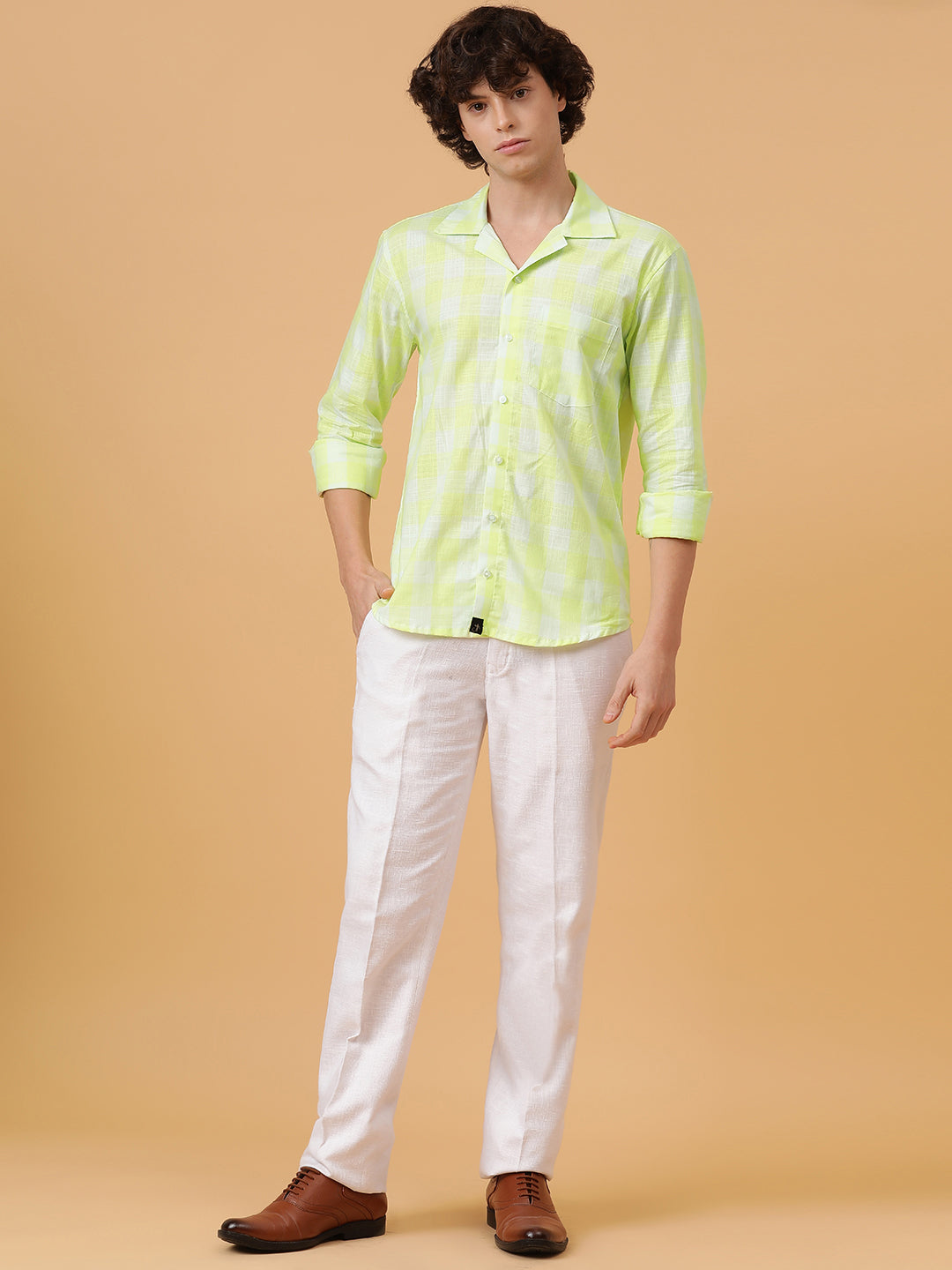 Yellow & White Linen Checks Regular Fit Party Wear Shirt