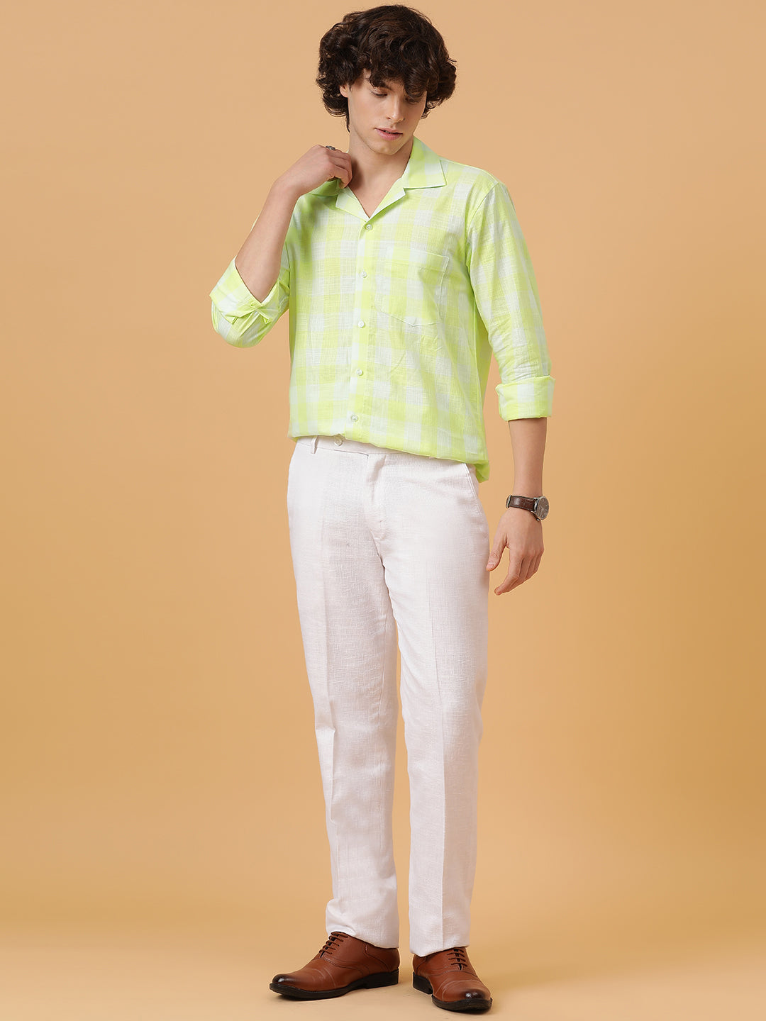 Yellow & White Linen Checks Regular Fit Party Wear Shirt