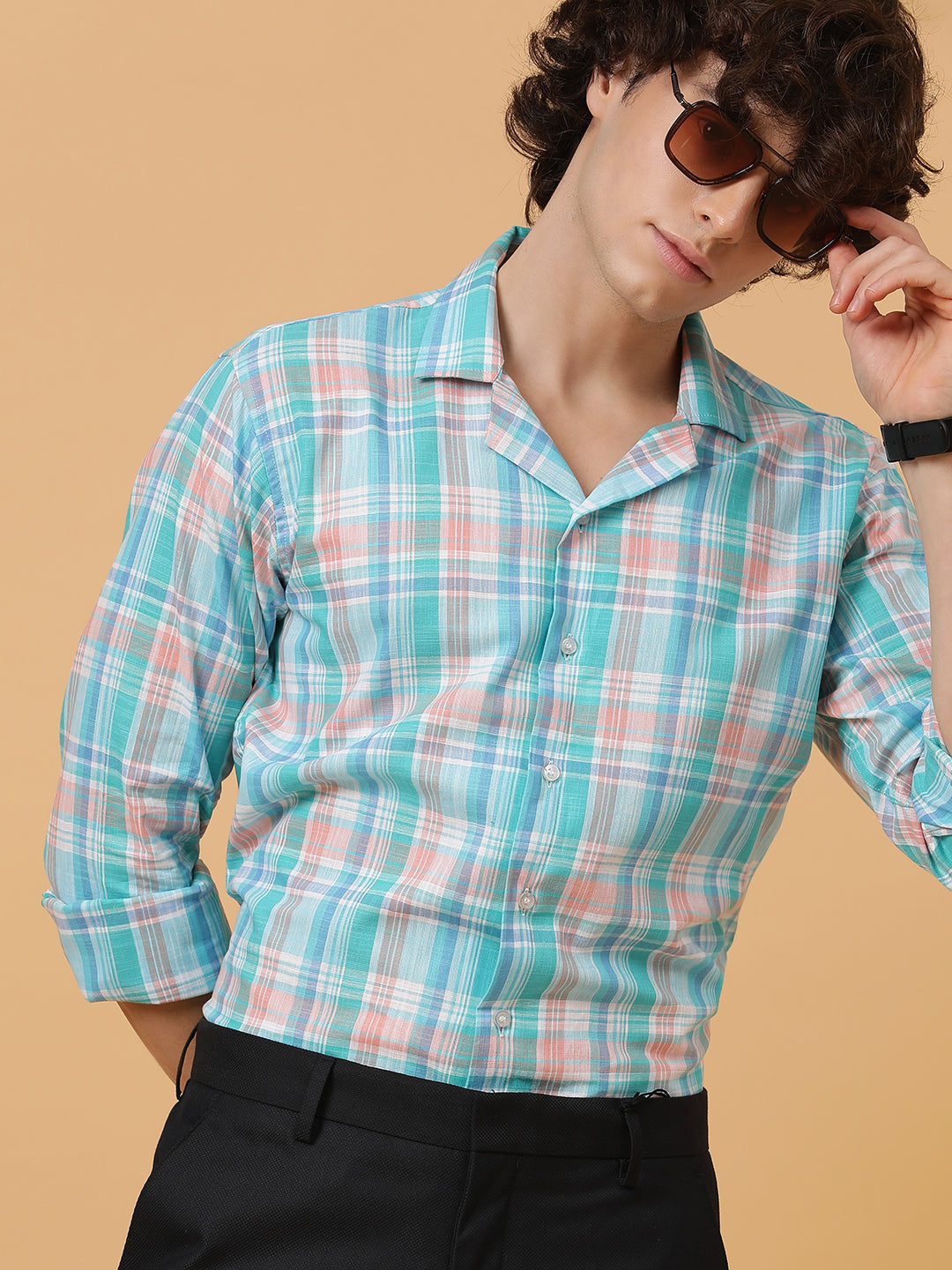 Blue, Pink & White Linen Checks Regular Fit Party Wear Shirt