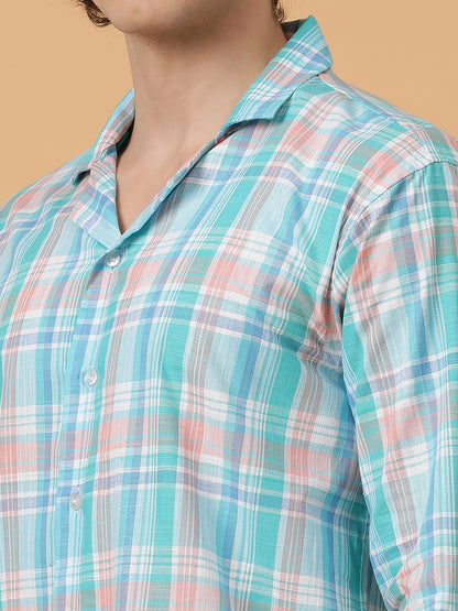 Blue, Pink & White Linen Checks Regular Fit Party Wear Shirt