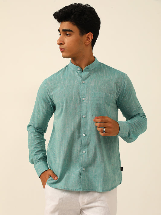 Teal Textured Premium Cotton Linen Regular Fit Solid Shirt