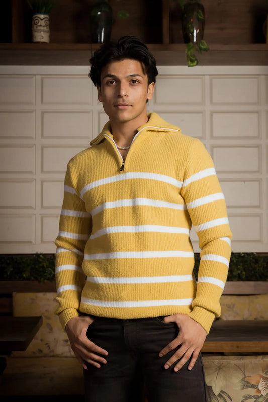 Yellow Stripes Designer Collared Zipper Knitted Sweater