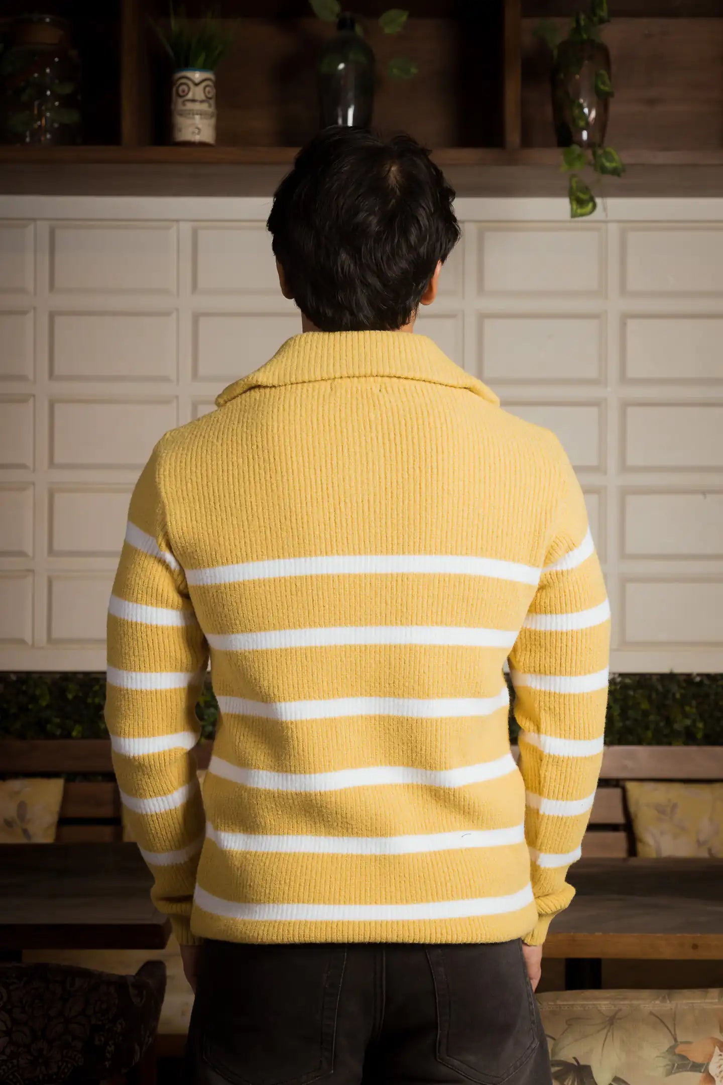 Yellow Stripes Designer Collared Zipper Knitted Sweater