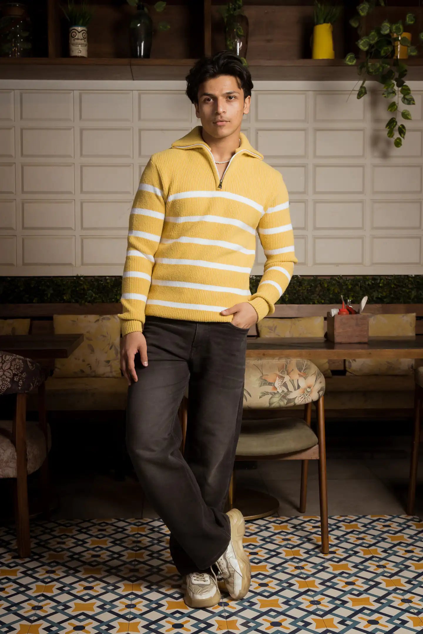 Yellow Stripes Designer Collared Zipper Knitted Sweater