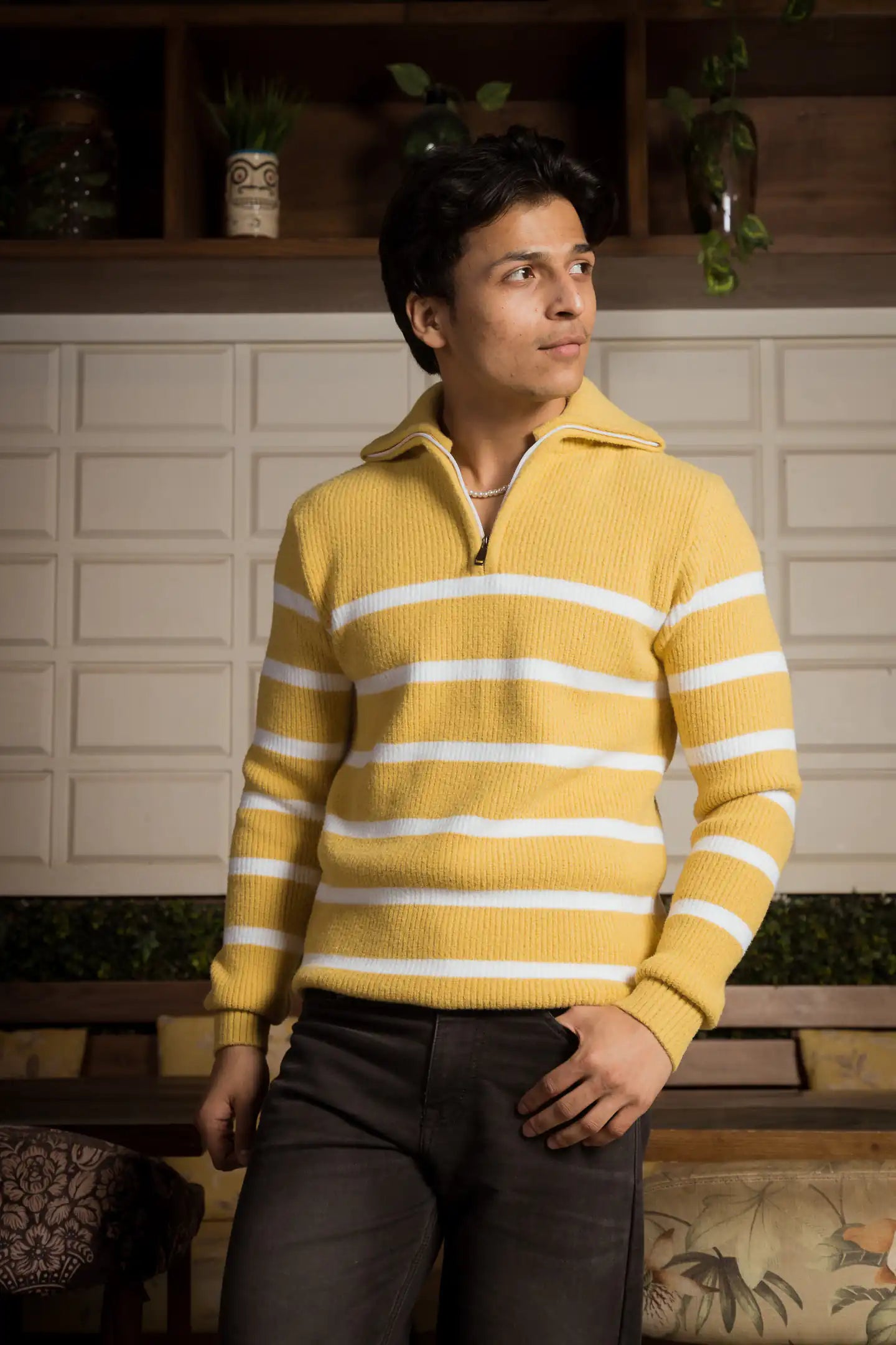 Yellow Stripes Designer Collared Zipper Knitted Sweater