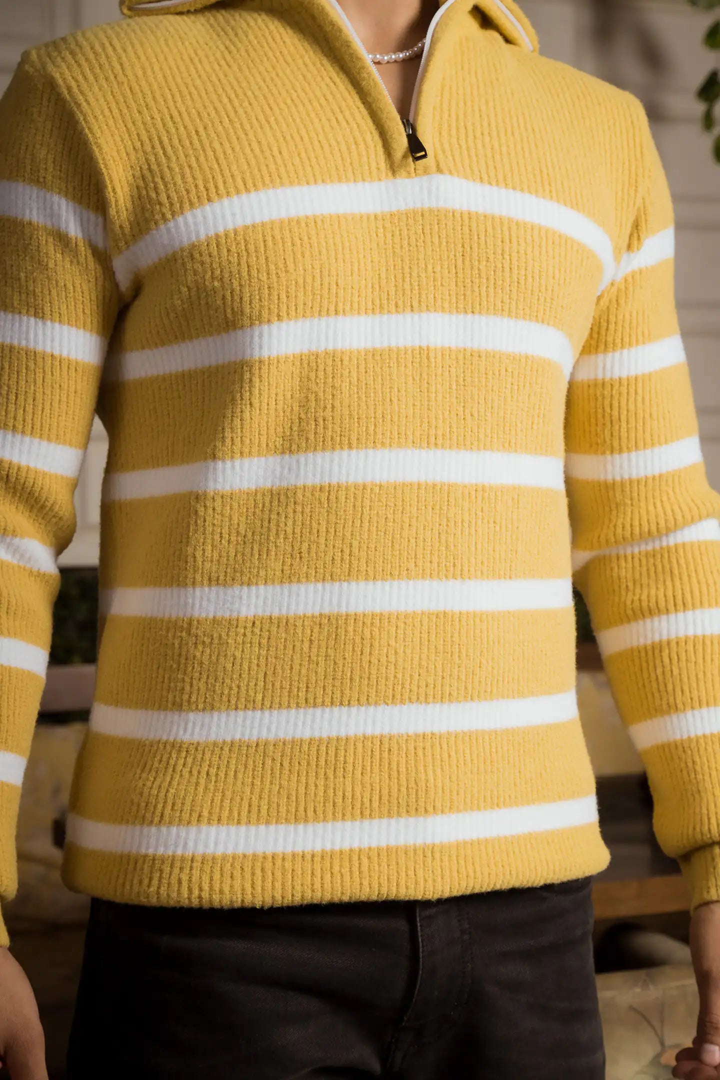 Yellow Stripes Designer Collared Zipper Knitted Sweater