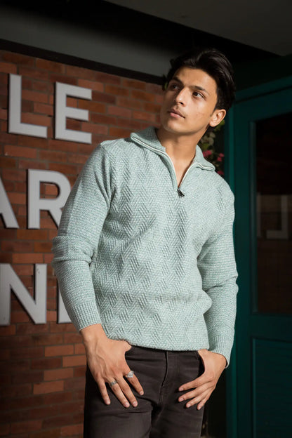 Light Teal Designer Collared Zipper Knitted Sweater