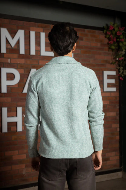 Light Teal Designer Collared Zipper Knitted Sweater