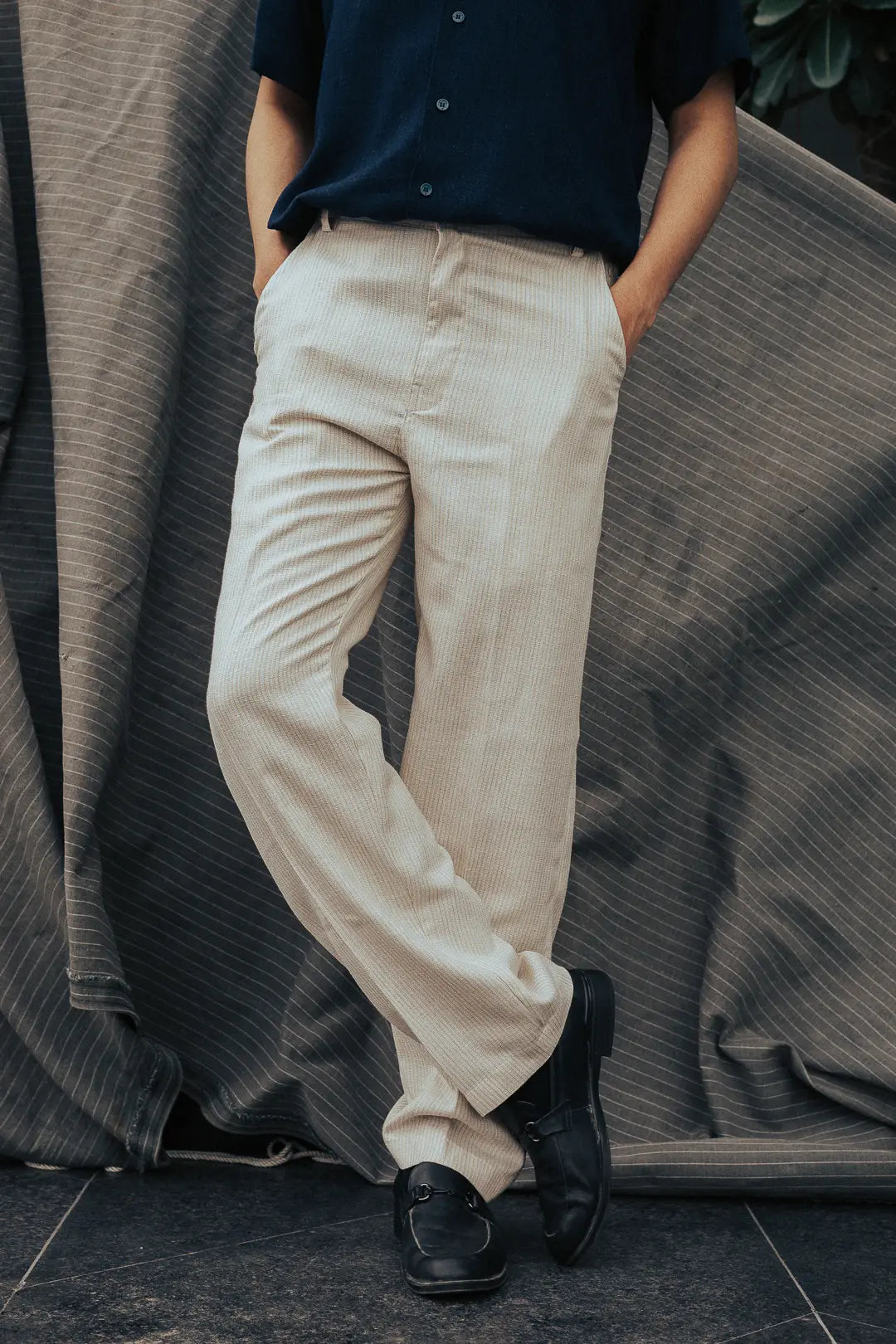 Beige Textured Linen High-Waist Korean Fit Pants