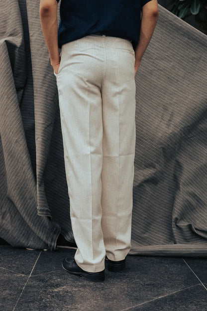 Beige Textured Linen High-Waist Korean Fit Pants