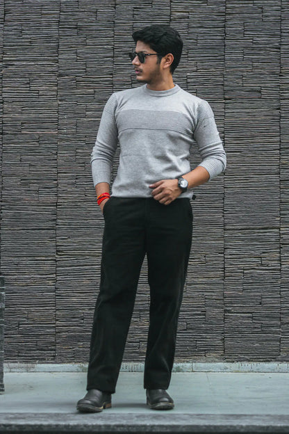 Grey Self-Designer Knitted Sweater