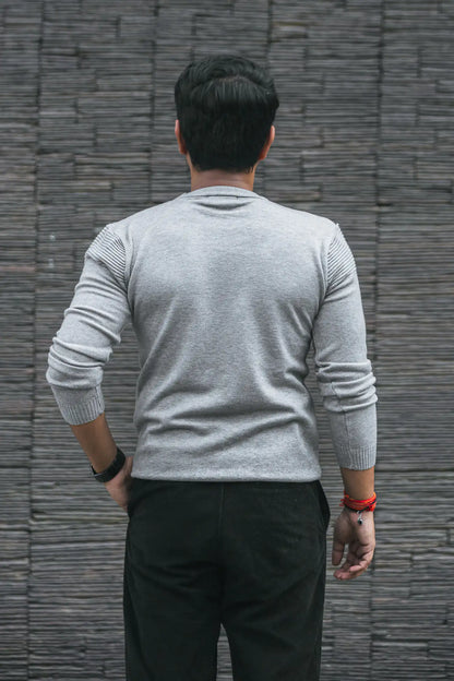 Grey Self-Designer Knitted Sweater