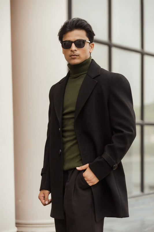 Men Long Coat Solid Weave