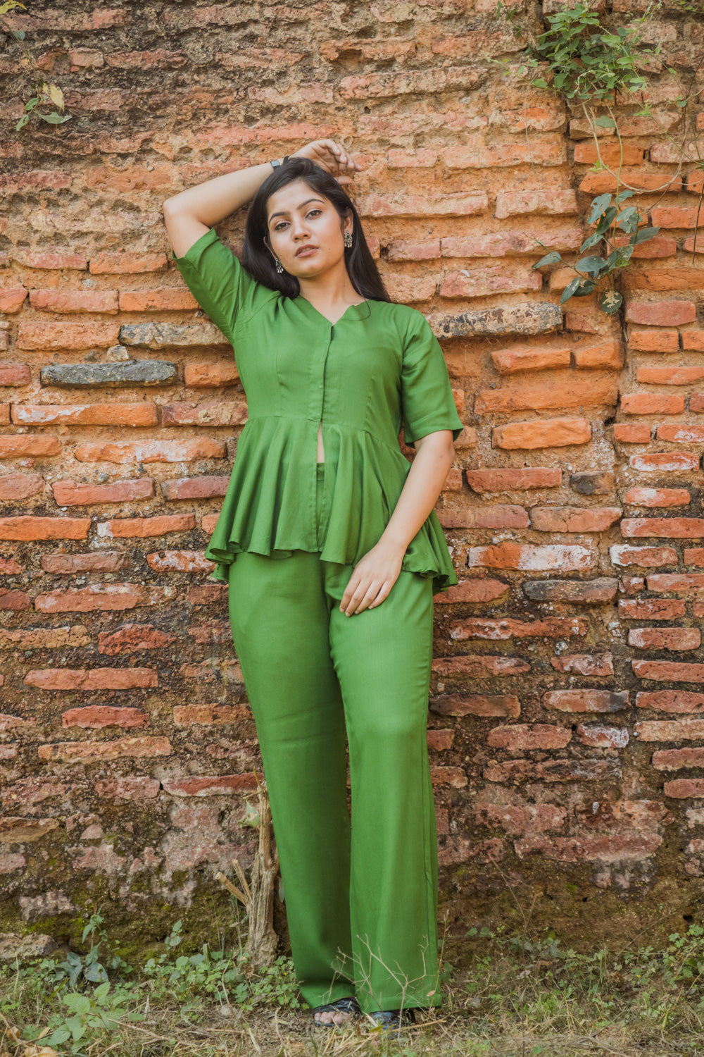 V-Neck Peplum Style Top & Trouser Rayon Co-ord Set