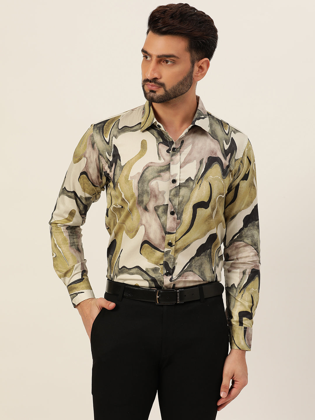 Multicolour Abtsract Marble Printed Party Wear Slim Fit Giza Satin Shirt