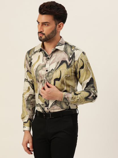 Multicolour Abtsract Marble Printed Party Wear Slim Fit Giza Satin Shirt