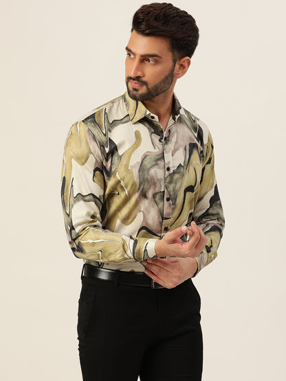 Multicolour Abtsract Marble Printed Party Wear Slim Fit Giza Satin Shirt