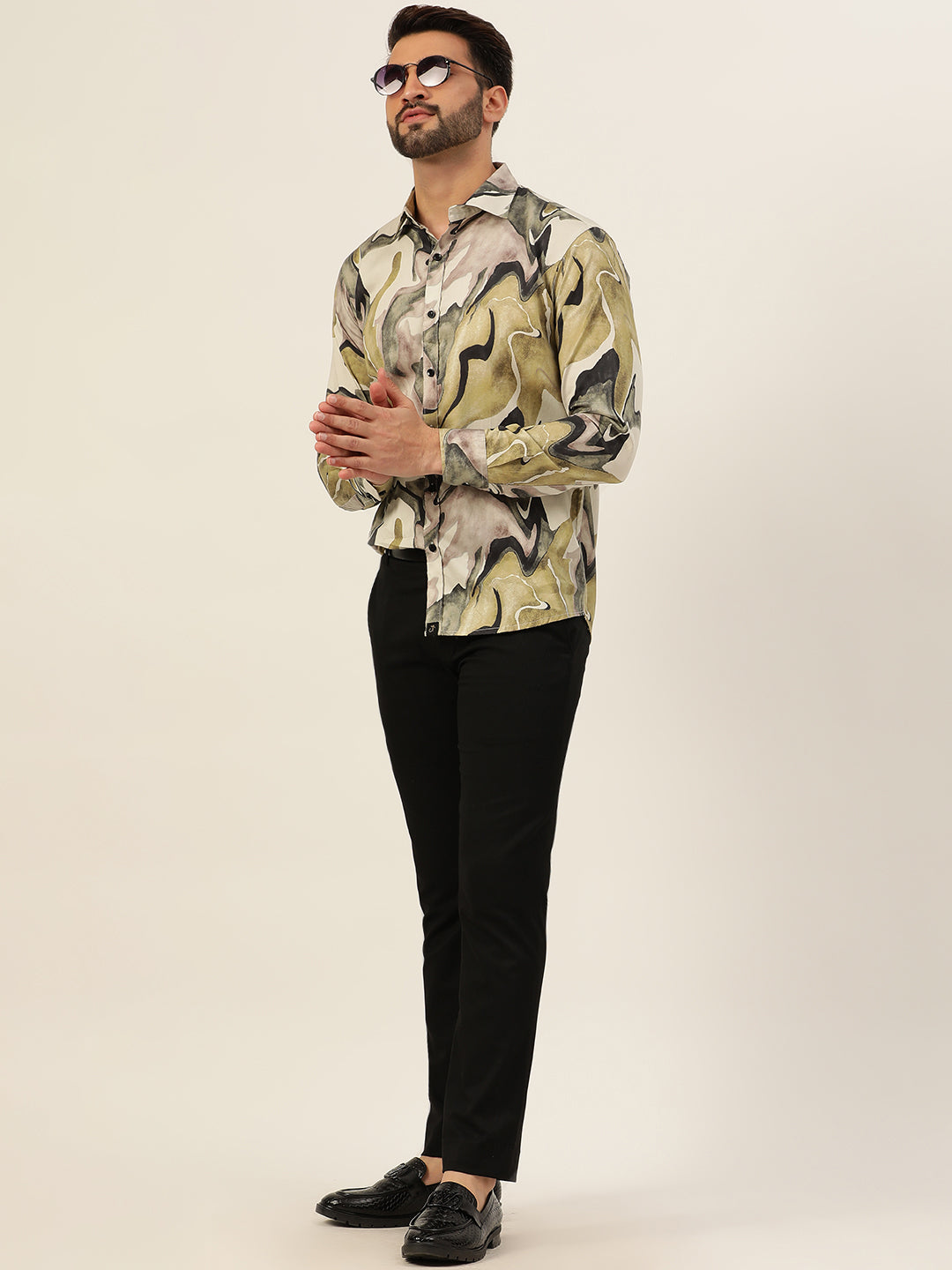 Multicolour Abtsract Marble Printed Party Wear Slim Fit Giza Satin Shirt