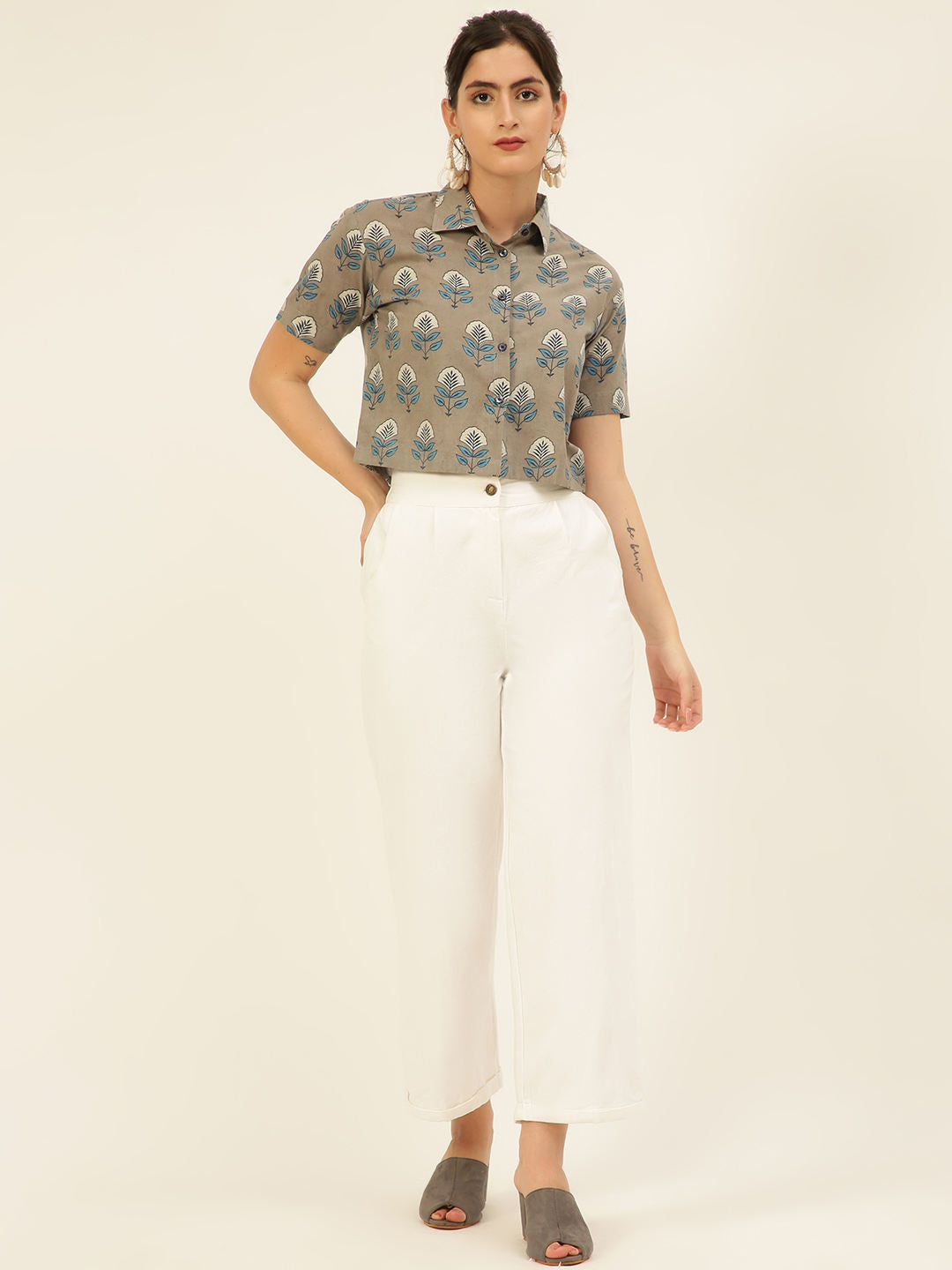 Premium Grey Floral HandBlock Printed Cotton Crop Shirt