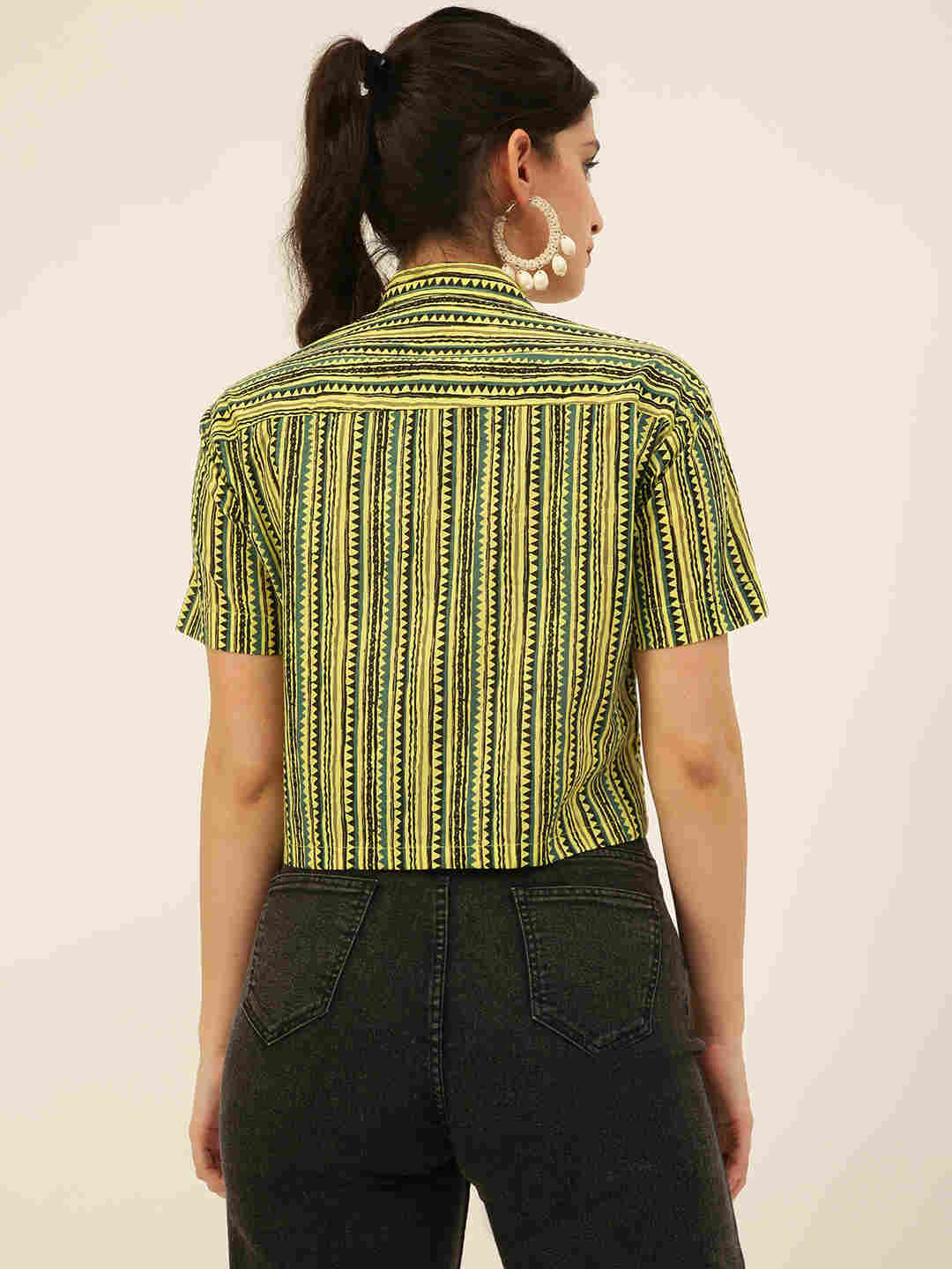 Premium Yellow & Black Stripes HandBlock Printed Cotton Crop Shirt