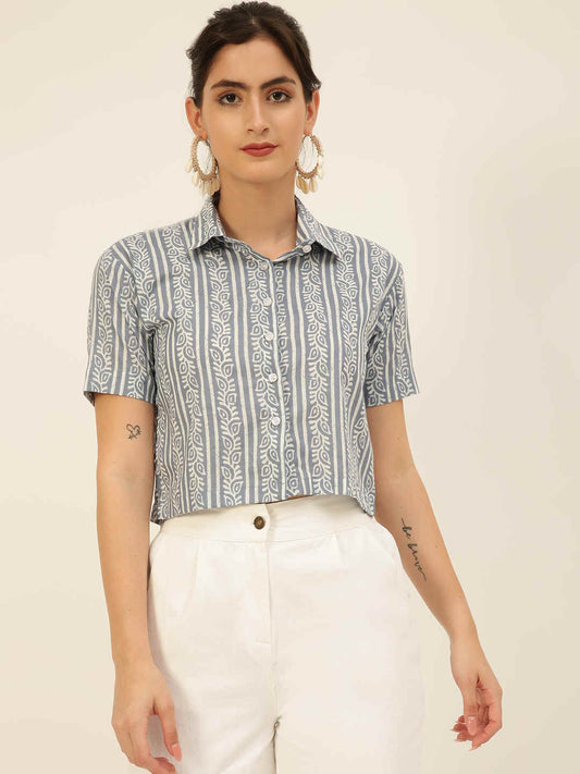 Premium Greyish Blue Floral Stripes HandBlock Printed Cotton Crop Shirt