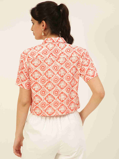 Premium Baby Pink Motifs HandBlock Printed Cotton Crop Shirt