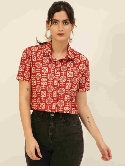 Premium Red Tribal Motifs HandBlock Printed Cotton Crop Shirt