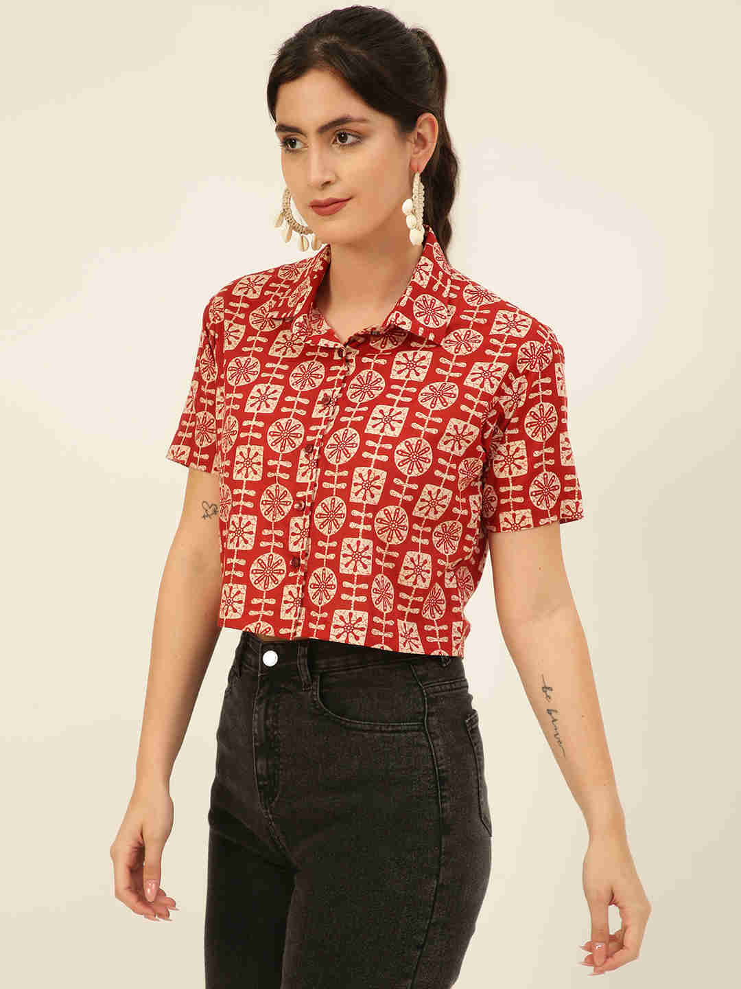 Premium Red Tribal Motifs HandBlock Printed Cotton Crop Shirt