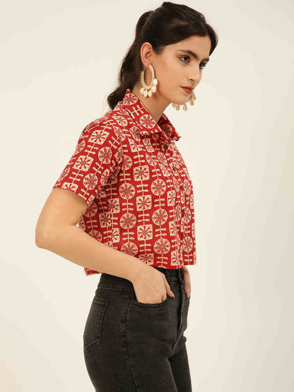 Premium Red Tribal Motifs HandBlock Printed Cotton Crop Shirt