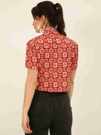 Premium Red Tribal Motifs HandBlock Printed Cotton Crop Shirt