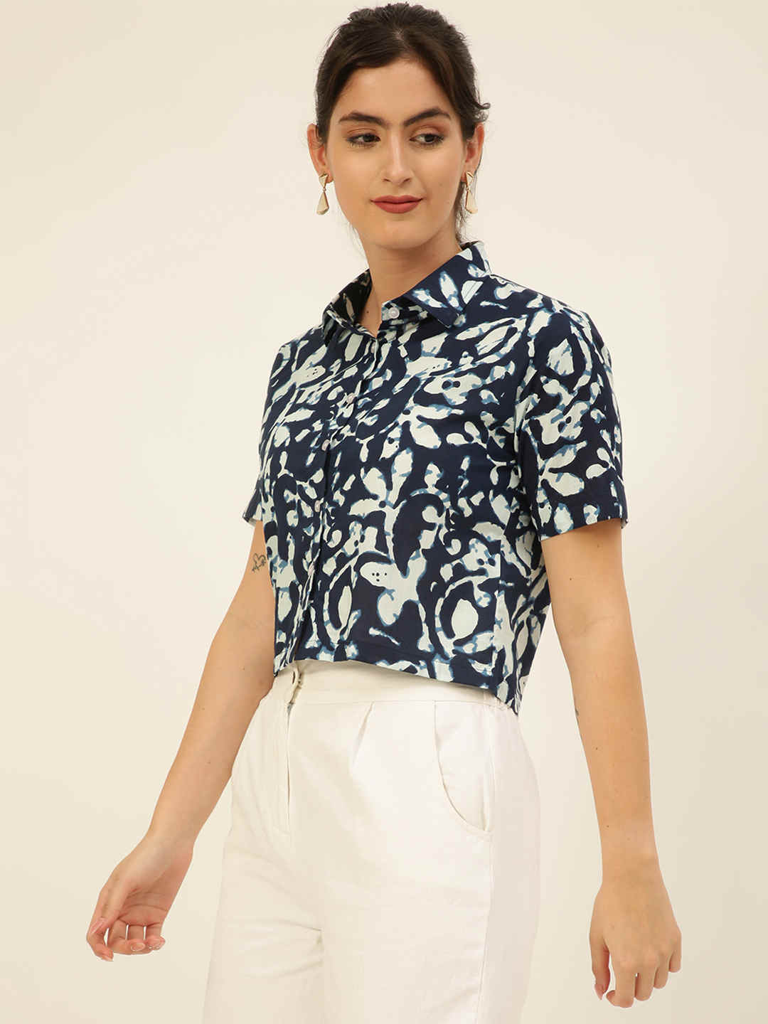 Premium Indigo Blue Motifs HandBlock Printed Cotton Crop Shirt