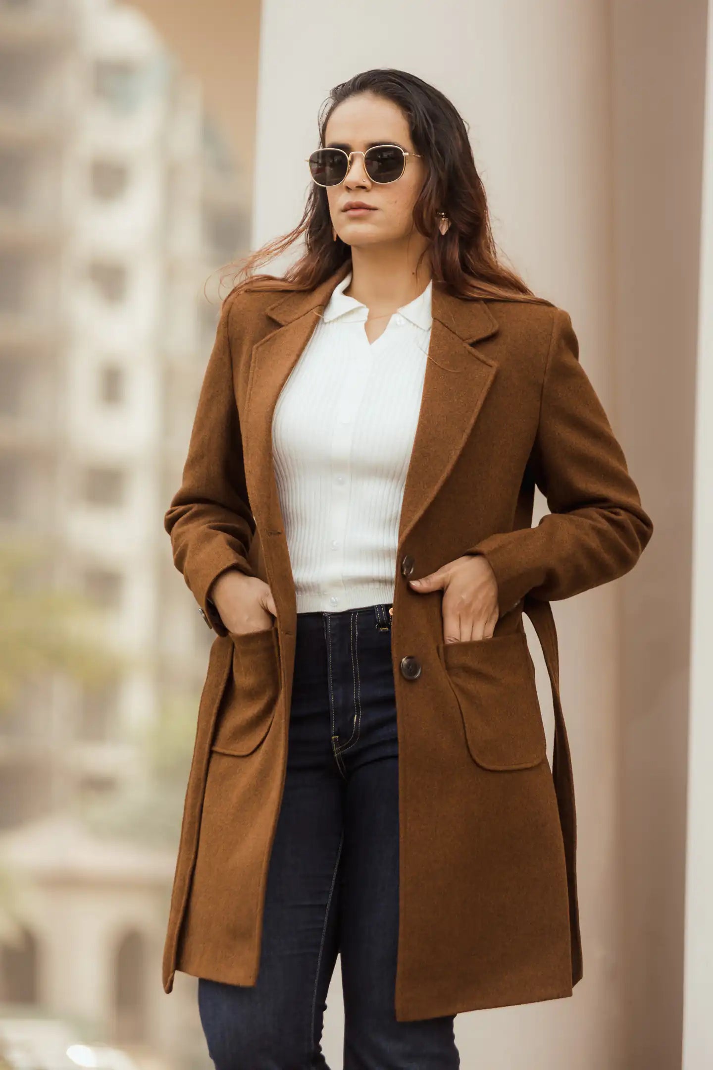 Women Long Coat with Belt