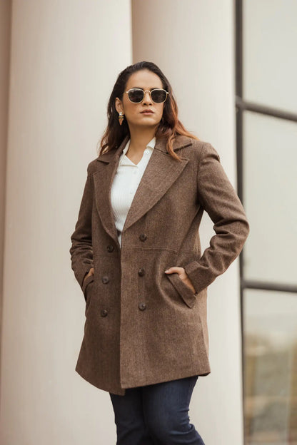 Women Double Breasted Long Over Coat