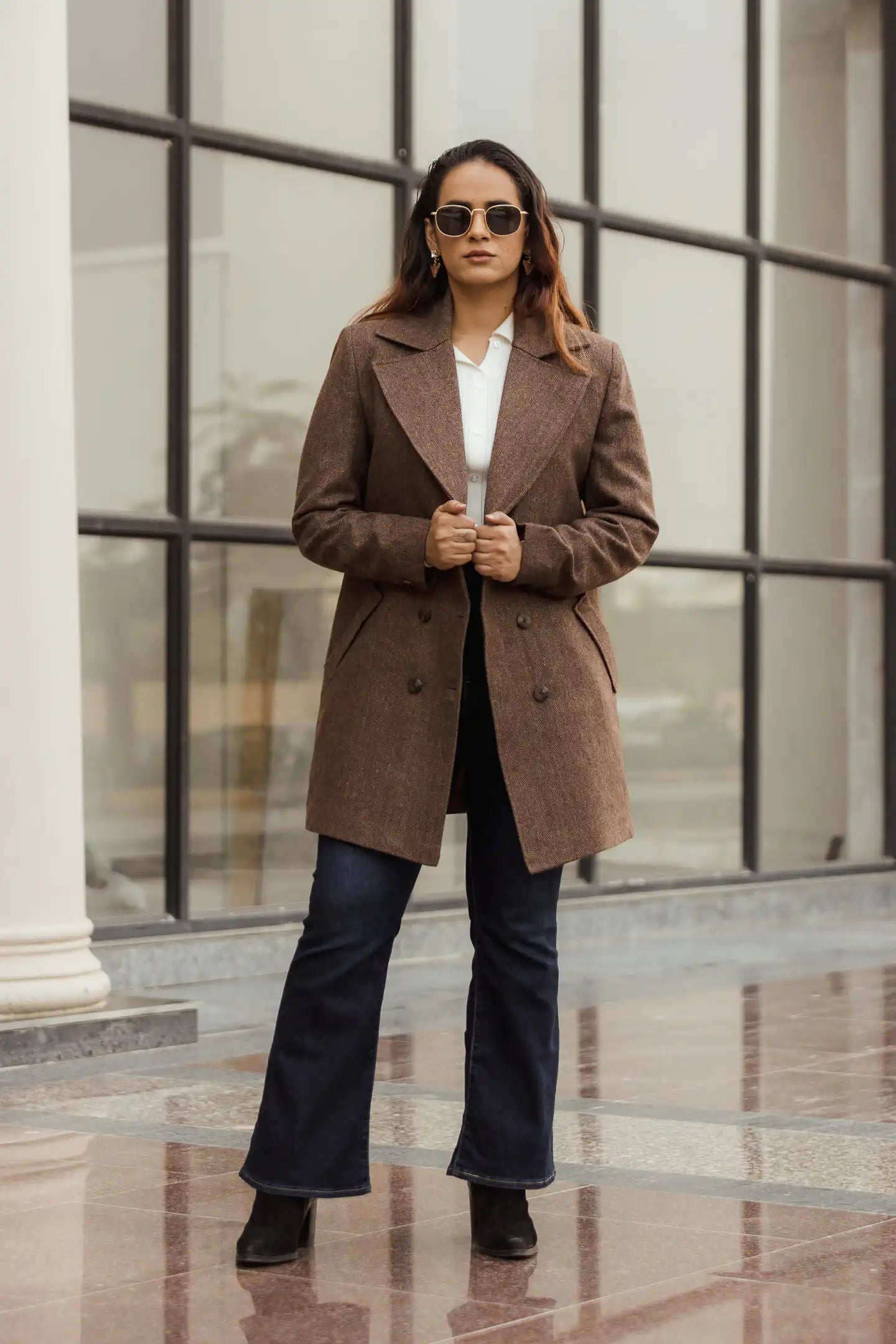 Women Double Breasted Long Over Coat