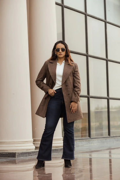 Women Double Breasted Long Over Coat