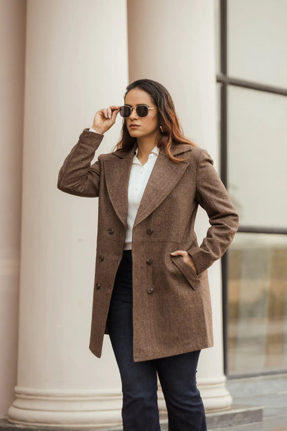 Women Double Breasted Long Over Coat