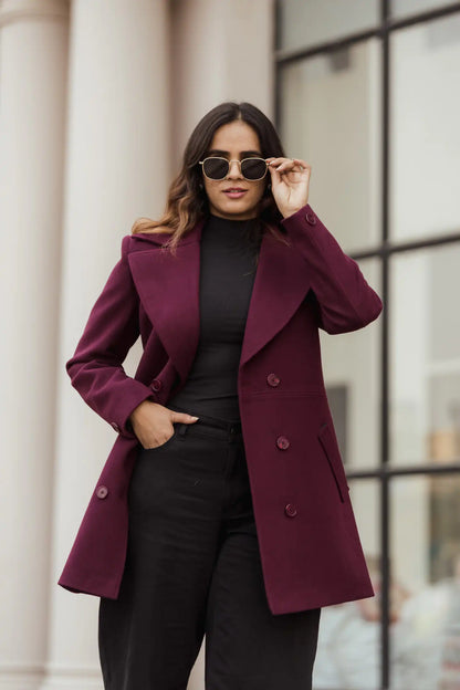 Women Double Breasted Long Over Coat