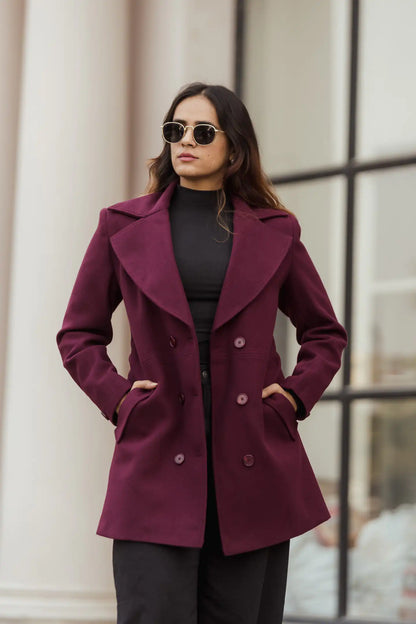 Women Double Breasted Long Over Coat