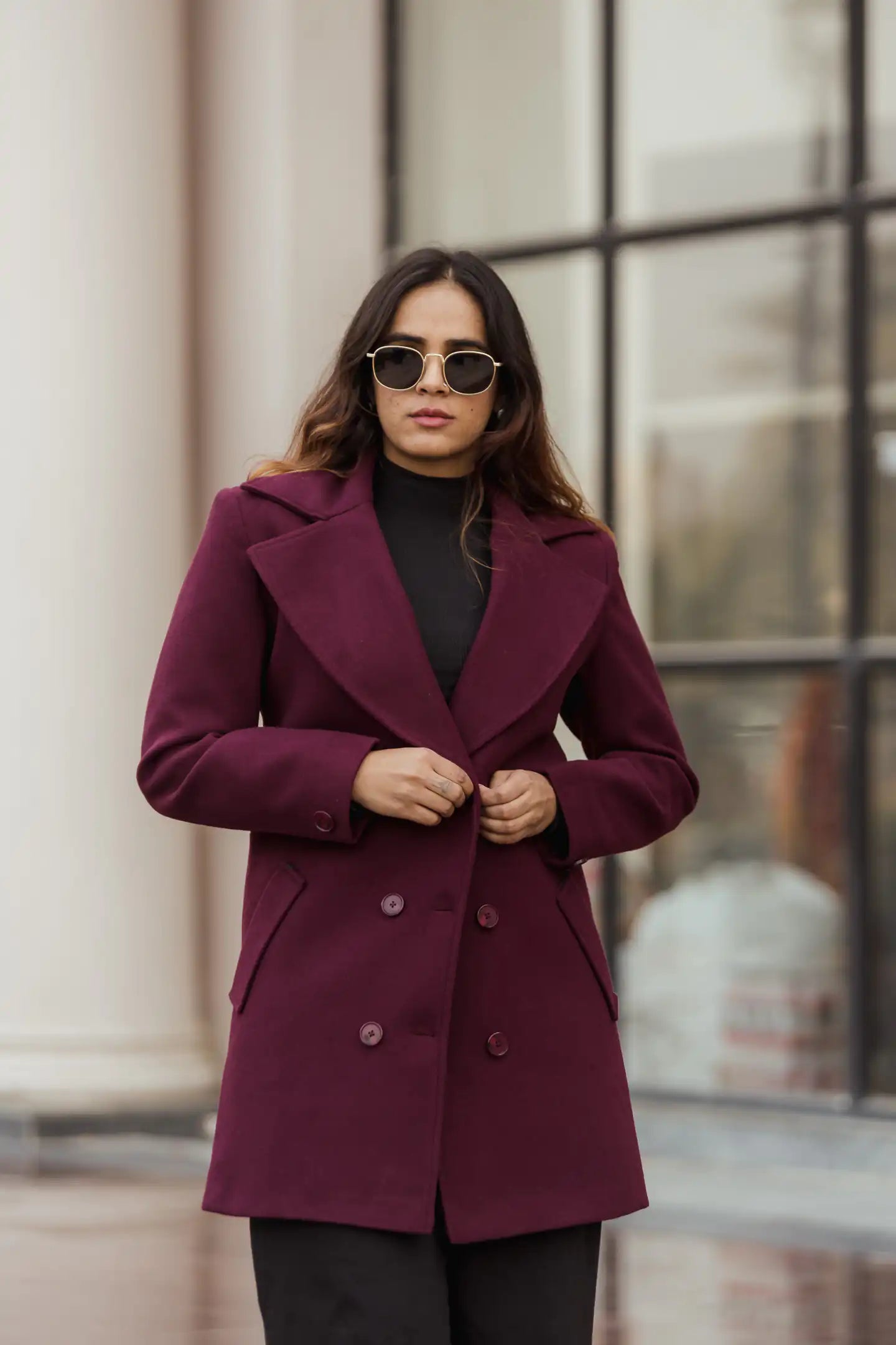 Women Double Breasted Long Over Coat