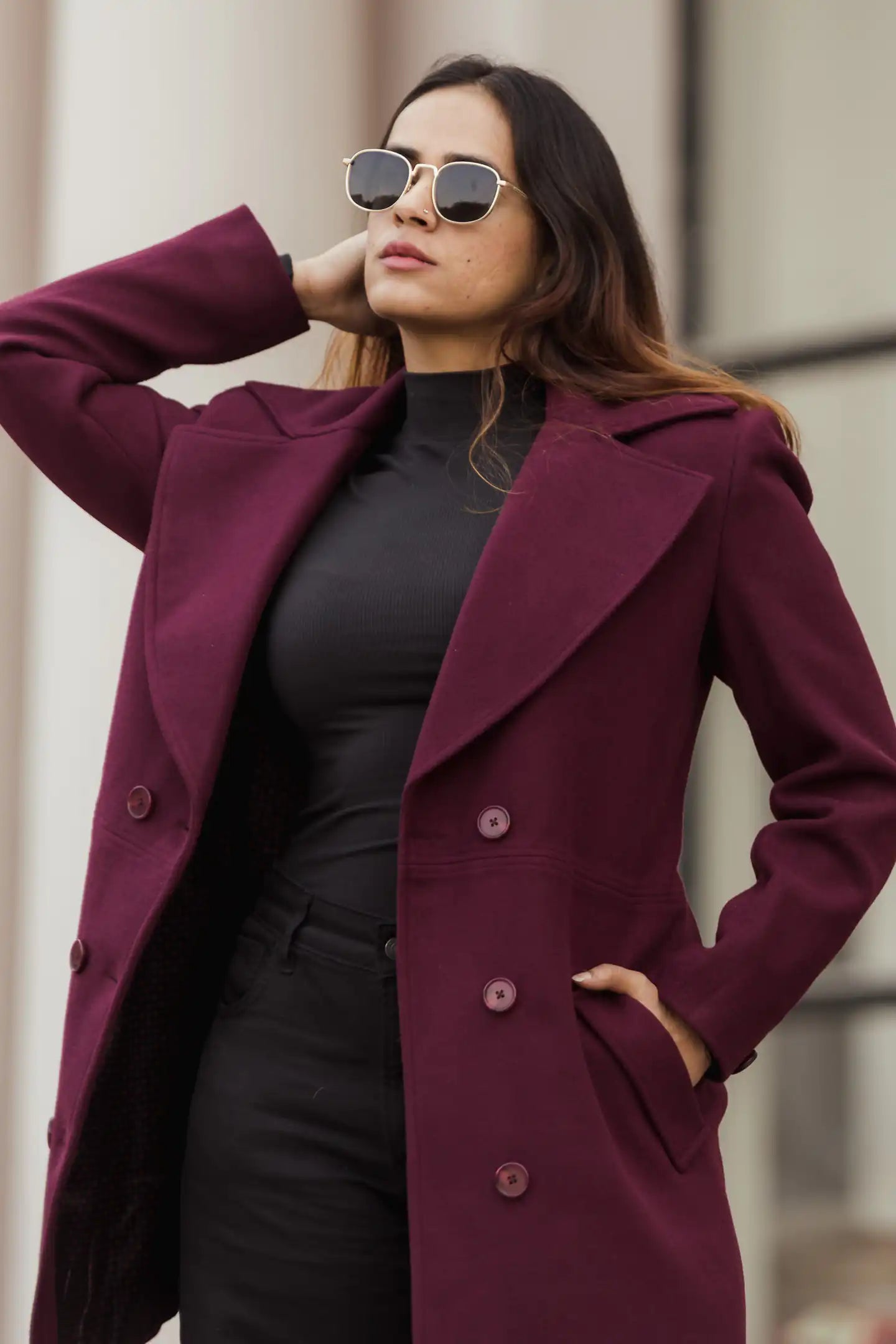 Women Double Breasted Long Over Coat